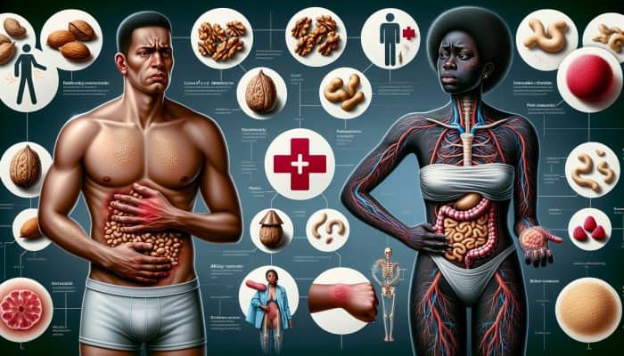 Infographic illustrating the differences between nut intolerance and allergy: left depicts mild discomfort from nuts, right shows severe swelling and hives with labels and symbols.