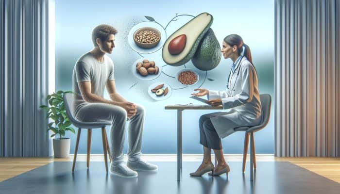 Diverse patient consulting with a dietitian in a UK clinic regarding nut intolerance, surrounded by charts of avocados and seeds for balanced nutrition.