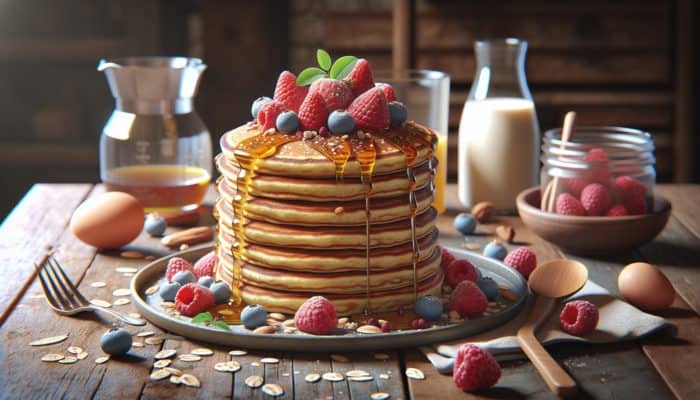 A stack of golden, fluffy gluten-free pancakes topped with fresh berries and syrup on a rustic wooden table.