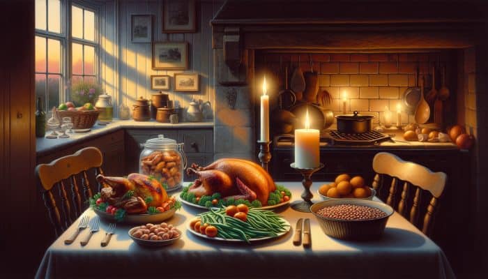 A cosy British kitchen table with roasted turkey, grilled chicken, fresh beans, and lentils under soft candlelight, promoting restful sleep.