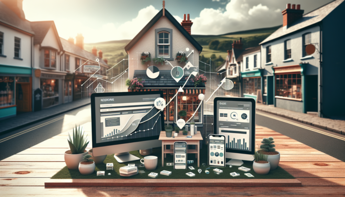 Responsive website morphing between desktop, tablet, and smartphone in a Crewkerne shop, with upward graphs, happy users, and growth icons for SEO and conversions.