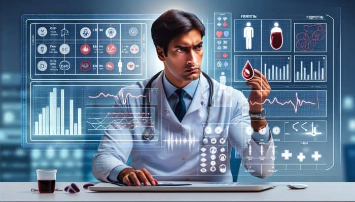 Illustration of a UK doctor in an Aldridge clinic analysing ferritin test graphs, showing iron levels by age and gender with blood samples and deficiency charts.