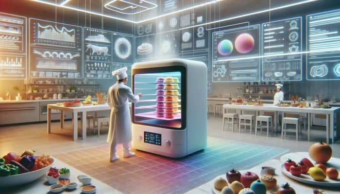 Chef in white lab coat assembles sleek 3D food printer in futuristic kitchen, with colorful desserts emerging, digital interfaces, and fresh ingredients.