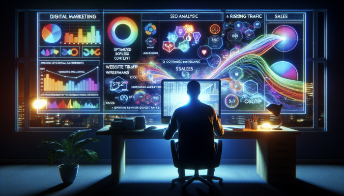 A digital marketer in Bridgwater analyzes local keywords on a glowing screen, surrounded by SEO charts and rising traffic graphs.