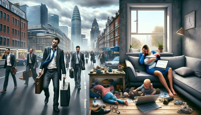 Can Stress Raise Blood Glucose: Exhausted financiers in suits on a bustling London street under gray skies, and a weary parent juggling a laptop and child in Birmingham.