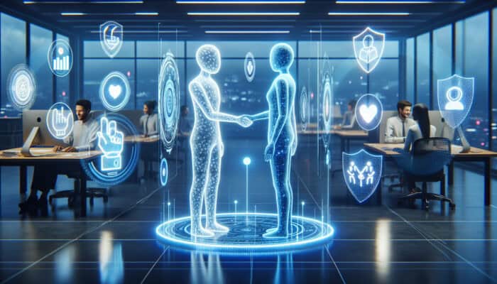 A holographic virtual assistant shakes hands with a diverse user in a futuristic office, surrounded by glowing trust symbols and digital streams.