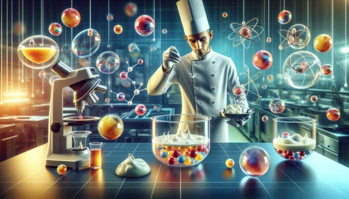A chef in a futuristic kitchen uses scientific tools to create vibrant spherified pearls, swirling emulsions, and airy foams on elegant plates.