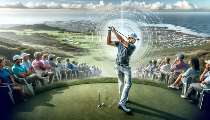A focused South African golfer on a lush Cape Town course, visualizing a flawless swing with the ball arcing over green fairways and ocean vistas, surrounded by diverse spectators.