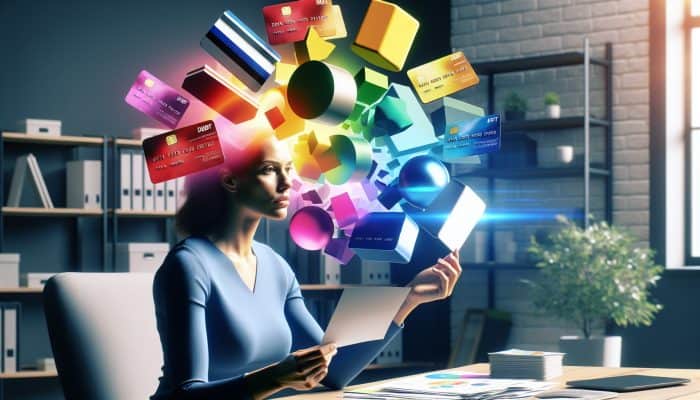 Consolidating Multiple Small Debts: Key Strategies | DCL UK borrower in a modern home office reviews colorful debt graphs and credit cards transforming into a glowing loan document, symbolizing financial freedom.