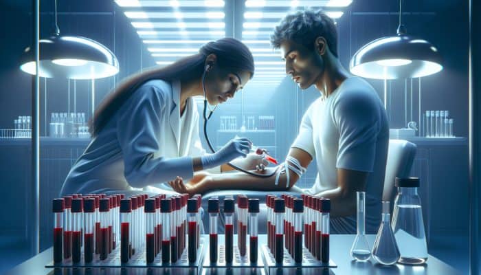 General Health Blood Test in Maidenhead: A doctor draws blood from a patient's arm into labeled test tubes for health checks in a bright NHS clinic.