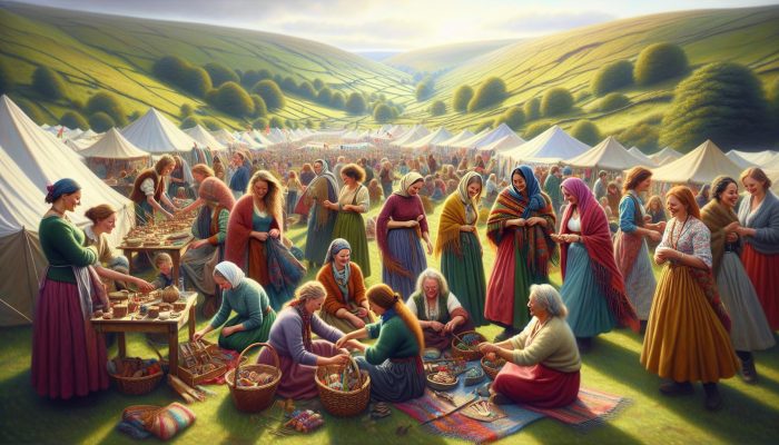 Vibrant community festival in the Peak District: women gather at colorful tents amid rolling hills, enjoying craft fairs and traditions.