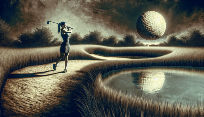 A determined golfer swings on Malelane Golf Club's undulating fairways under a scorching sun, facing water hazards, thick rough, and sandy bunkers.