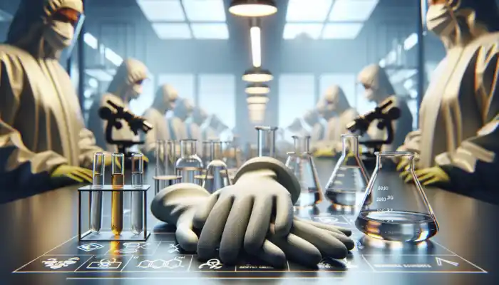 Chemical-Resistant Gloves vs Standard Disposables: Close-up of nitrile and latex chemical-resistant gloves on a UK lab workbench, with safety labels, hazardous beakers, and workers in protective gear.