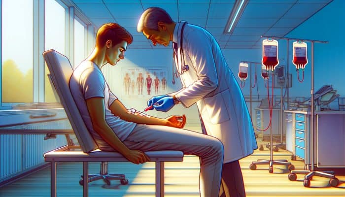 Vitamin B12 Blood Test in Daventry: In a modern Daventry clinic, an NHS doctor draws blood from a fatigued patient for a Vitamin B12 test amid medical charts and equipment.