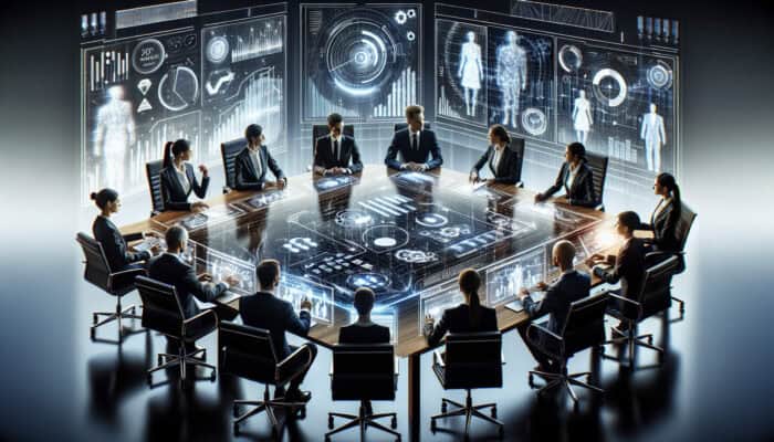 Diverse executives in a boardroom analyse merger plans on digital screens, with holographic virtual assistants compiling documents and coordinating schedules.