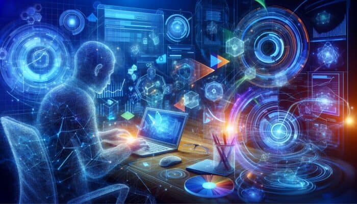 SEO expert analyzes competitor backlinks using Ahrefs, SEMrush, and Moz on glowing screens, surrounded by holographic charts and graphs in blue lighting.