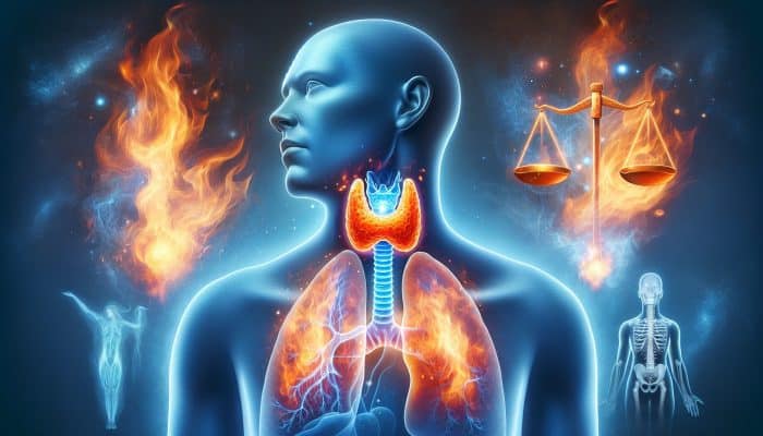 How to Balance Thyroid Hormones: An anatomical illustration of the thyroid gland glowing blue in the neck, releasing hormones with flames for energy, scales for weight, and shadows of fatigued figures.