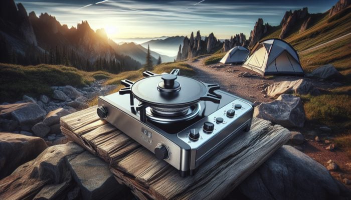 A compact single-burner induction cooker on a rugged hiking trail, under 2 kg, contrasted with a bulkier double-burner model at a family campsite.