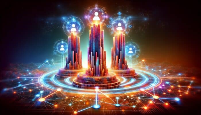 A vibrant digital landscape with E-E-A-T pillars rising over glowing backlinks, search results, and engaged users, symbolising improved rankings.