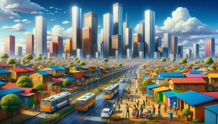 Soweto street scene: modern high-rises beside colourful traditional homes, buses and trains moving, families in a park, showing urban revitalisation.