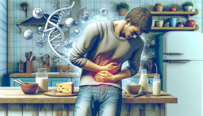 Dairy Intolerance Test in Pontefract: A diverse person in a UK kitchen clutching their stomach in discomfort after eating dairy, with symbolic gas bubbles and a lactase enzyme diagram nearby.