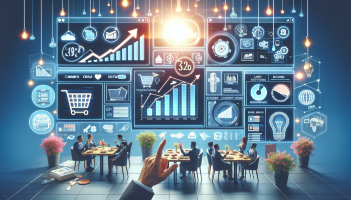 Modern website for a Taunton small business showing e-commerce carts, CRM dashboards, restaurant bookings, rising graphs, and happy diners.