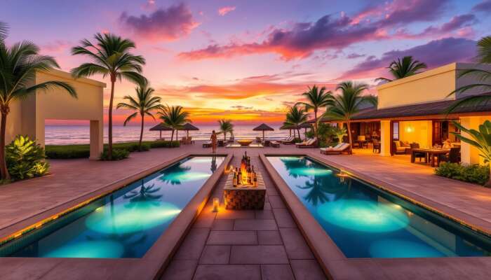 Luxurious beachfront resort featuring private plunge pools, swim-up bar, exclusive dining on the sand, wellness area, and guests enjoying cooking classes amidst lush tropical surroundings and a breathtaking sunset.