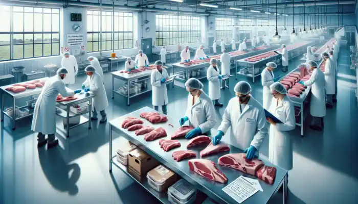 Chemical-Resistant Gloves in Food Production: Workers in a Yorkshire meat facility wear chemical-resistant gloves and coats while handling raw meat, as auditors inspect and BSI safety posters are displayed.