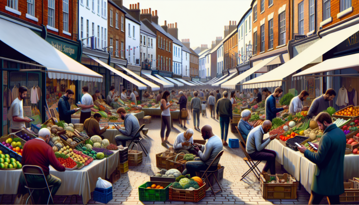 Vibrant high street in Melksham, UK, with colourful market stalls, vendors displaying fresh goods, and people chatting while browsing smartphones.
