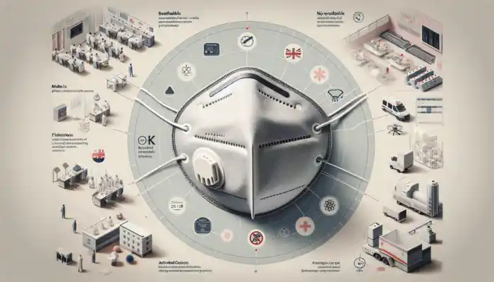 PPE Masks and Visors: Close-up of a UK-standard PPE mask with non-woven polypropylene and activated carbon layers, meeting EN 149 for hospital and construction use.