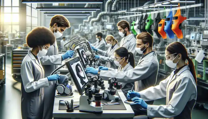 Diverse experts in a modern UK factory customize PPE masks and visors using precision tools and safety charts.