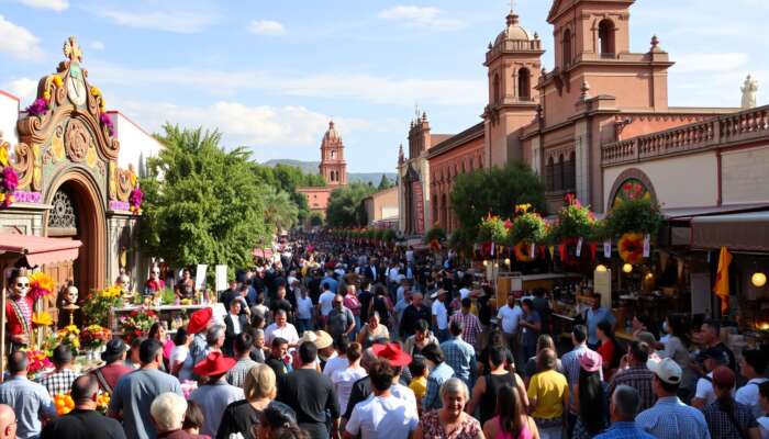 Vibrant festival scene in San Miguel de Allende featuring colorful Day of the Dead altars, lively processions with masks and costumes, and a bustling Feria with local artisans and food stalls, all set against historic colonial architecture.