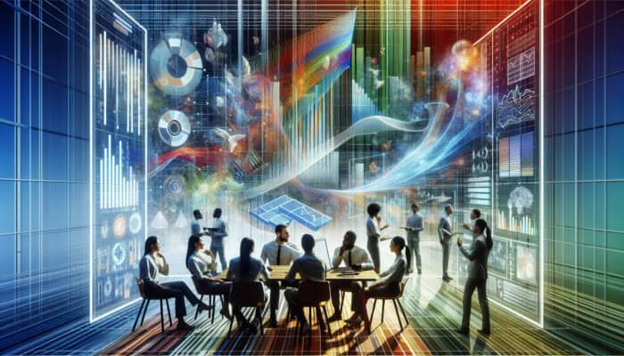 Diverse team in a modern office analyzes colorful data charts on screens, sharing documents and discussing feedback.