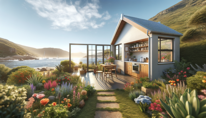 A cozy entry-level home in Paarl with a lush garden, functional kitchen, and panoramic sea views under a sunny sky.