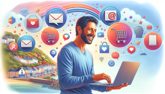 A smiling customer in Ilfracombe, UK, chats on a laptop with e-commerce support, surrounded by icons of emails, social media, shopping carts, and reviews.