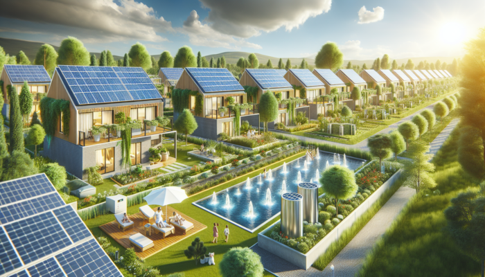 A modern eco-estate in Upington with solar panels on rooftops, rainwater harvesting systems, lush green landscaping, and families under a sunny sky.