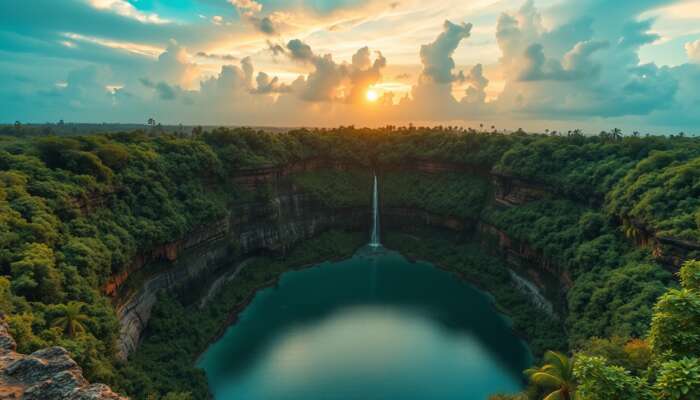 Vast sinkhole in Belize's lush jungle with turquoise waters, explorers rappelling verdant cliffs under a dramatic sunset sky.