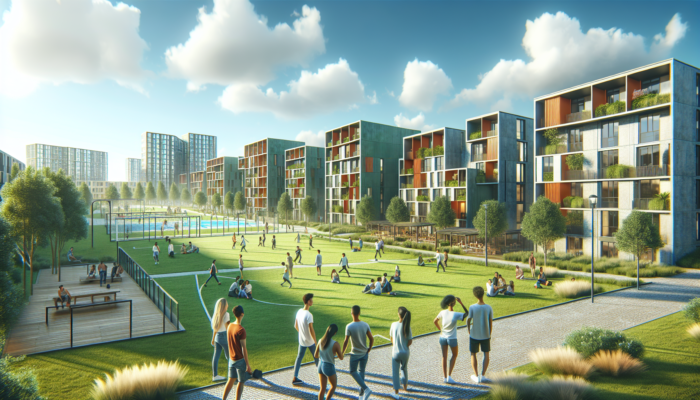 Modern entry-level apartments in Carletonville's vibrant neighbourhood, surrounded by lush parks and young professionals relaxing under a sunny sky.