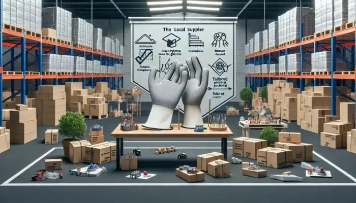 A bustling Eastbourne warehouse with a supplier displaying polythene gauntlet gloves amid UK documents, market charts, and tailored packaging.