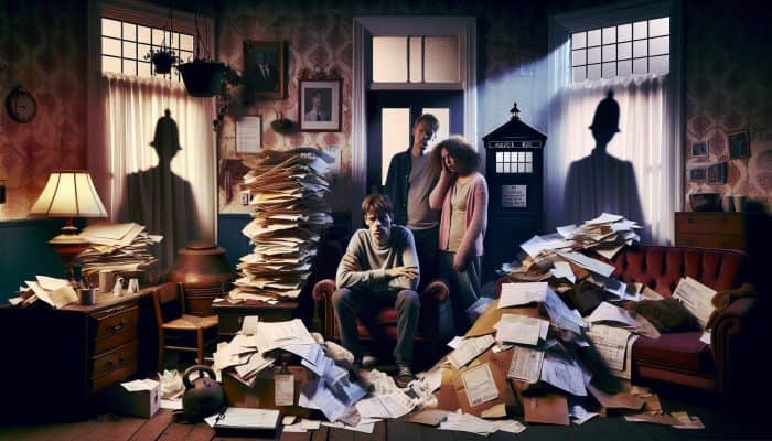 Debt Consolidation for Council Tax Arrears: Key Strategies | DCL Stressed London family in a cluttered Victorian home surrounded by council tax bills, with shadowy school and police figures in the background.