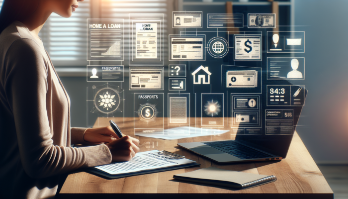 Focused professional organizing home loan documents like pay stubs, passports, and bank statements on a tidy sunlit desk with laptop.