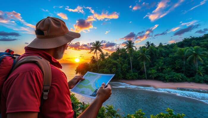 An explorer in Belize uses a GPS and studies a topographic map amidst rainforests and beaches, with GIS overlays under a tropical sunset sky.
