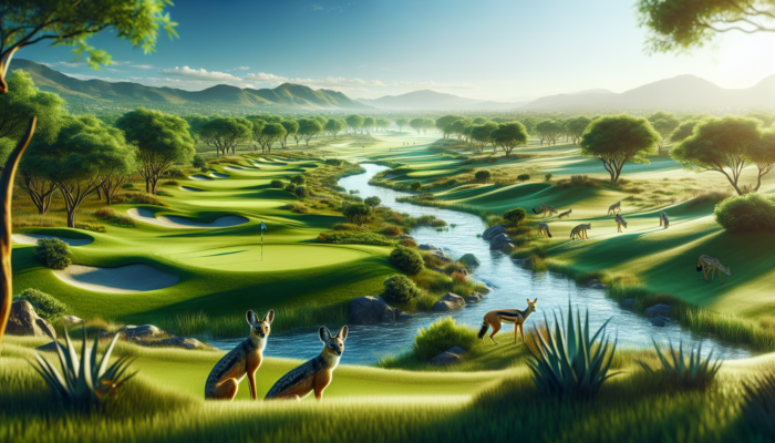 Aerial view of Jackal Creek Golf Club: lush green fairways, sparkling creek, majestic trees, roaming jackals, and clear blue sky.