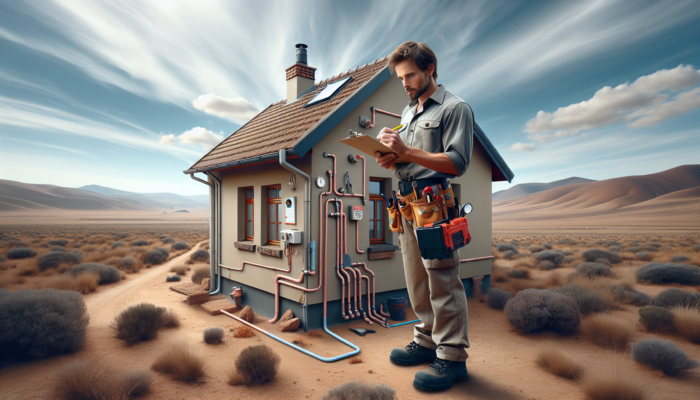 Landlord in arid desert inspects rental property: sealed roof, functional plumbing, electrical systems, with tools and checklist under blue sky.