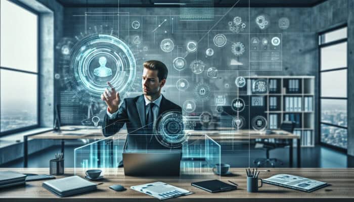 Delegating Emails to Your First Human Virtual Assistant: Modern office scene: Focused executive delegates emails to holographic assistant amid sorted digital tasks, gears, and balance scales.