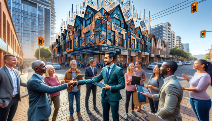 Estate agent in Klerksdorp shaking hands with locals at a community gathering, discussing properties on a tablet amid bustling streets.