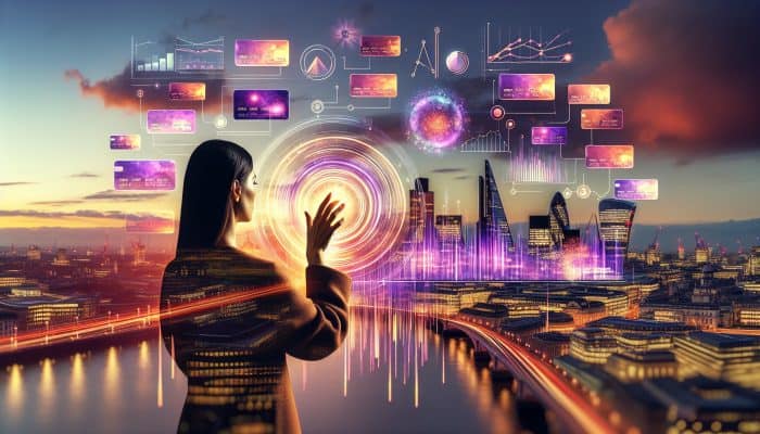 A diverse financial advisor reviews declining UK interest rate charts in a bustling London skyline at dusk, with credit cards merging into a glowing loan document.