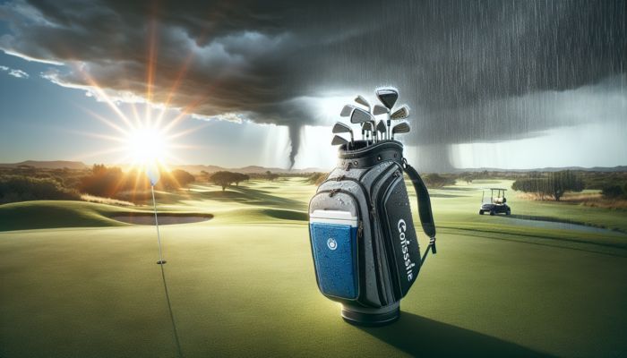 Best Golf Bags With Coolers: A durable golf bag with integrated cooler on a lush fairway at Royal Cape Golf Club, under sunny skies with looming rain clouds.