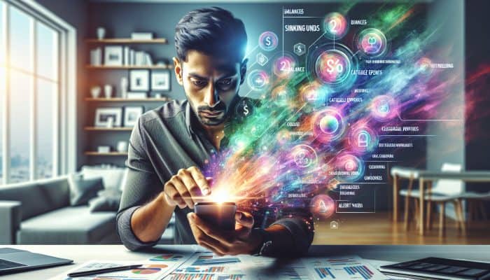 A focused individual in a modern UK home uses a smartphone app to track sinking fund balances and expenses via vibrant graphs and alerts.