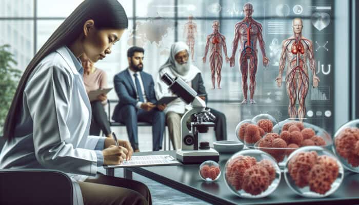 A scientist in a modern lab examines human vascular models under a microscope while interviewing diverse participants.